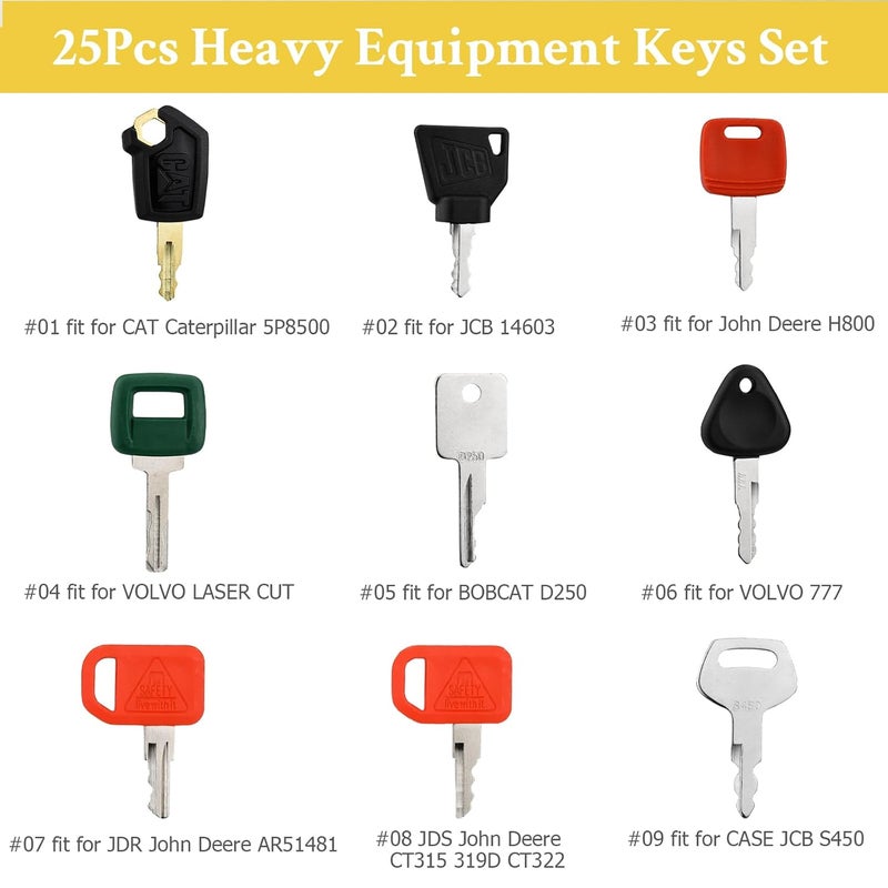 Tecreddy 25 Heavy Equipment Keys, Master Key Set for Cat Caterpillar John Deere Case Bobcat JLG JCB Volvo Hyster Ford New Holland Yanmar Takeuchi Kubota Komatsu Construction Heavy Equipment Machine - Image 3